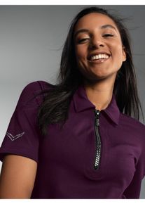 Poloshirt TRIGEMA "TRIGEMA Slim Fit Poloshirt mit Kristallsteinen", Damen, Gr. S, lila (aubergine), Piqu&eacute;, 94% Baumwolle, 6% Elastan, Basic, lang, ohne Ausschnitt, Shirts Poloshirt
