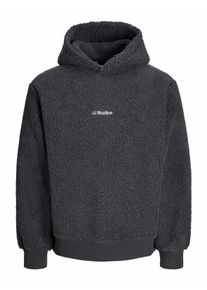 Jack & Jones Kapuzensweatshirt JACK & JONES "JJSOHO TEDDY SWEAT HOOD SN", Herren, Gr. XL, grau (asphalt), angeraute Sweatware, Obermaterial: 100% Polyester, bedruckt, relaxed fit normal, Rundhals, Rippb&uuml;ndchen, Sweatshirts Kapuzensweatshirt, Kunstfaser, relaxed fit