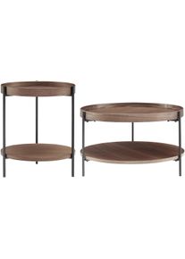 Couchtisch Salesfever "Chicago Couchtisch-Set rund 2-teilig mit 2 Ablagefl&auml;chen", braun (walnuss, schwarz, schwarz, walnuss), B:69cm H:39cm T:69cm, MDF mit Eschenholz- und Walnussfurnier, Metall, Tische, Couchtisch, Moderner Wohnzimmertisch mit zus&auml;tzlichem Stauraum