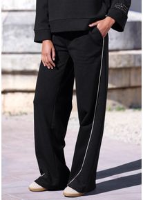Sweathose Buffalo "Relaxhose", Damen, Gr. 48/50, N-Gr, schwarz, Sweatware, Obermaterial: 60% Baumwolle, 40% Polyester, unifarben, bequem lang, Hosen Sweathose, mit weit ausgestelltem Bein und Piping, Home- und Loungewear