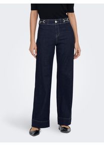 High-waist-Jeans Only "ONLMADISON HW WIDE BUCKLE DNM GUA411NOOS", Damen, Gr. XL (42), L&auml;nge 30, blau (dunkelblau denim), Denim/Jeans, Obermaterial: 91% Baumwolle, 7% Polyester, 2% Elasthan, unifarben, lang, Jeans High-waist-Jeans, Materialmix, wide fit