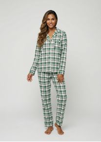Schlafanzug Lascana, Damen, Gr. 44, gr&uuml;n (beige, gr&uuml;n kariert), Web, Obermaterial: 100% Baumwolle, bedruckt, kariert, bequem h&uuml;ftlang, V-Ausschnitt, eingesetzt,mit Paspel Manschette, Homewear-Sets Schlafanzug, mit garngef&auml;rbten Karos, Topseller
