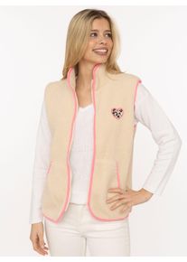 Fleeceweste Zwillingsherz "Leo Herzpatch", Damen, Gr. M, beige, Pl&uuml;sch, Obermaterial: 100% Polyester, kontrastfarbene Details, unifarben, h&uuml;ftbedeckend, ohne Ausschnitt, Westen Fleeceweste, kuschelig weich, mit Eingriffstaschen, Stehkragen, Rei&szlig;verschluss