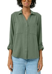 Langarmbluse QS, Damen, Gr. 38, gr&uuml;n (olive), Web, Obermaterial: 100% Polyester, unifarben, tailliert h&uuml;ftbedeckend, V-Ausschnitt, mit Knopf krempelbar,mit Kn&ouml;pfen, Blusen Langarmbluse, mit Knopfleiste und Brusttaschen