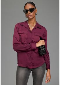 Hemdbluse Bruno Banani, Damen, Gr. 46, bordeaux, Web, Obermaterial: 100% Polyester, unifarben, figurumspielend h&uuml;ftlang, 1-Knopf-Manschette, Blusen Hemdbluse, aus schimmernder Qualit&auml;t, figurumspielende Passform, h&uuml;ftlange