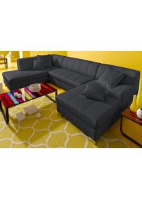 Wohnlandschaft DOMO collection "TURAH 297x195x75 cm, moderne Steppung, viel Platz, bequem", schwarz, B:297cm H:75cm T:82cm, Microfaser PRIMABELLE (100% Polyester);Struktur ( 85% Polyester, 15% Acryl);NaturLEDER (Echtes Rindsleder);Kunstleder SOFTLUX/Struktur ( 100% Polyester);Zierkissen: wie Oberstoff, Sofas, Wohnlandschaft, wahlweise mit Bettfunktion, B/T/H: 297/82/75 cm, U-Form