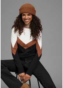Rundhalspullover Laura Scott, Damen, Gr. 32/34, schwarz (schwarz, camel gemustert), Feinstrick, Obermaterial: 50% Viskose, 28% Polyester, 22% Polyamid, gemustert, mehrfarbig, figurumspielend h&uuml;ftbedeckend, Rundhals, Pullover Rundhalspullover, &Uuml;bergangspullover mit l&auml;ssigem Streifenmuster