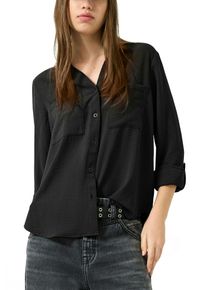 Langarmbluse QS, Damen, Gr. 42, schwarz, Web, Obermaterial: 100% Polyester, unifarben, tailliert h&uuml;ftbedeckend, V-Ausschnitt, mit Knopf krempelbar,mit Kn&ouml;pfen, Blusen Langarmbluse, mit Knopfleiste und Brusttaschen