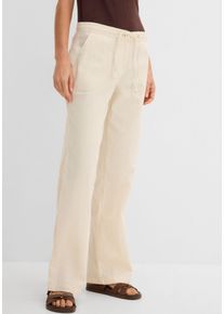 Leinenhose bonprix, Damen, Gr. 40, N-Gr, beige (kieselbeige), Web, Obermaterial: 55% Leinen, 45% Baumwolle, unifarben, loose fit lang, Hosen Leinenhose, Loose Fit, mit Kordelzugbund, mit Eingrifftaschen, mit Ges&auml;&szlig;taschen