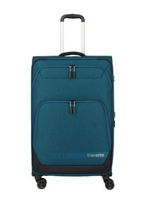 Trolley Travelite "KICK OFF Reisekoffer", Damen, Gr. B/H/T: 47cm x 78cm x 31cm 110 l, blau (petrol), Polyester, Koffer Trolley, 4 Doppelrollen, Au&szlig;entaschen und Packgurte &ndash; leicht und robust