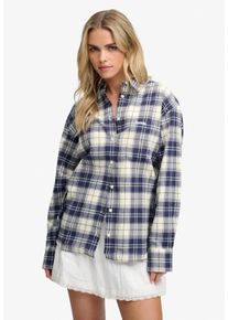 Karobluse Superdry "CHECK FLANNEL RELAXED SHIRT", Damen, Gr. S, blau (eclipse navy check), Web, Obermaterial: 100% Baumwolle, kariert, relaxed fit normal, Blusen Karobluse, Baumwolle, relaxed fit, aus weichem Flanell