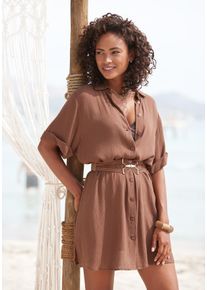Longbluse Lascana "aus weicher Cr&ecirc;pequalit&auml;t", Damen, Gr. 42, braun, Cr&ecirc;pe, Obermaterial: 100% Viskose, unifarben, figurumspielend kurz, mit Aufschlag, Blusen Longbluse, Lockeres Blusenkleid, Kurzarmbluse in langer Form, Strandkleid Tunika