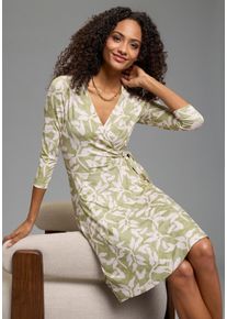 Sommerkleid Laura Scott "aus elastischer Shirtware", Damen, Gr. 34, N-Gr, gr&uuml;n (gr&uuml;n, gebl&uuml;mt), Single Jersey, Obermaterial: 95% Viskose, 5% Elasthan, gebl&uuml;mt, figurbetont mini, V-Ausschnitt, Kleider Sommerkleid, femininer Stil, f&uuml;r entspannte Tage, mit V-Ausschnitt, mit 3/4-&Auml;rmeln