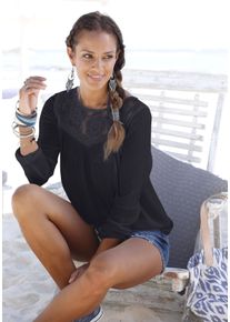 Spitzenbluse Buffalo "aus gekreppter Ware im Boho-Stil", Damen, Gr. 44, schwarz, Cr&ecirc;pe, Obermaterial: 100% Viskose. Einsatz: 100% Baumwolle, unifarben, figurumspielend h&uuml;ftlang, Rundhals, elastischer Bund, Blusen Spitzenbluse, Crepebluse mit Spitzendetails, sommerliche Langarmbluse, elegant