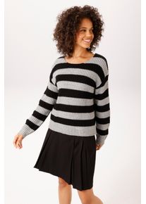Strickpullover Aniston CASUAL, Damen, Gr. 48, schwarz-wei&szlig; (hellgrau, meliert, schwarz), Grobstrick, Obermaterial: 70% Polyacryl, 30% Polyester, geringelt, gestreift, meliert, l&auml;ssig geschnitten h&uuml;ftlang, Rundhals, Rippstrickb&uuml;ndchen, Pullover Strickpullover, im Streifen-Dessin - NEUE KOLLEKTION