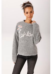 Strickpullover Aniston CASUAL, Damen, Gr. 34, grau (hellgraumeliert, wollwei&szlig;, apricot), Strick, Obermaterial: 76% Polyester, 13% Polyamid, 8% Wolle, 3% Elasthan, bestickt, meliert, l&auml;ssig geschnitten h&uuml;ftlang, Rundhals, Rippstrickb&uuml;ndchen, Pullover Strickpullover, mit Kordel-Applikationen - NEUE KOLLEKTION