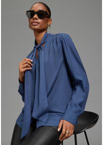 Schluppenbluse Bruno Banani "mit durchgehender Knopfleiste", Damen, Gr. 42, blau (indigo), Web, Obermaterial: 100% Viskose, unifarben, figurumspielend h&uuml;ftlang, 2-Knopf-Manschette, Blusen Schluppenbluse, aus flie&szlig;ender Viskose, h&uuml;ftlange Schnittform