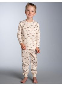 Schlafanzug TRIGEMA "TRIGEMA Pyjama mit Dackelmuster", Jungen, Gr. 104, beige (natur), Single Jersey, 100% Baumwolle, Homewear-Sets Schlafanzug