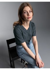 T-Shirt TRIGEMA "TRIGEMA V-Shirt DELUXE Baumwolle", Damen, Gr. XS, anthrazit, Single Jersey, 100% Baumwolle, Basic, lang, V-Ausschnitt, Shirts T-Shirt