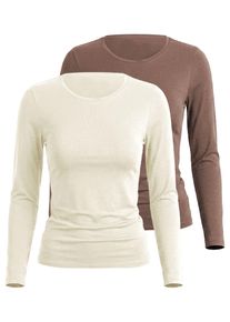 Unterhemd Nina von C. "2er Pack Langarm Shirt Seide&Modal", Damen, Gr. 42, 2 Stk., bunt (champagner, noisette), Modal-Seide, , Basic, figurumspielend, Rundhals, Unterhemden Unterhemd