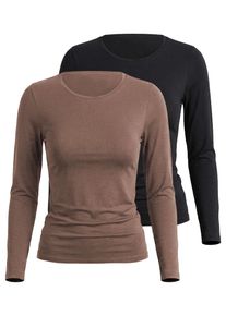 Unterhemd Nina von C. "2er Pack Langarm Shirt Seide&Modal", Damen, Gr. 38, 2 Stk., bunt (noisette, schwarz), Modal-Seide, , Basic, figurumspielend, Rundhals, Unterhemden Unterhemd