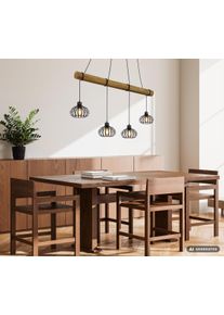 Globo Caldwell 4-flammige Esstisch-H&auml;ngeleuchte Industrial 125 cm mit schwarzen Metall-Schirmen mit Holzbalken und K&auml;figoptik f&uuml;r Esszimmer und K&uuml;che, E27-Fassung