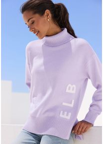 Rollkragenpullover ELBSAND "mit eingestricktem Logoschriftzug", Damen, Gr. L (44/46), lila (flieder), Strick, Obermaterial: 50% Viskose, 28% Polyester, 22% Polyamid, unifarben, figurumspielend h&uuml;ftlang, ohne Ausschnitt, Pullover Rollkragenpullover, Kuscheliger Strickpullover, lockere Passform, super weich, casual