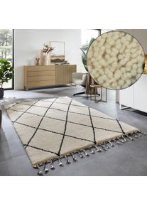 Wollteppich Theko "MARMOUCHA 05", schwarz (schwarz, wei&szlig;), Teppiche, B : 70cm 1 Stk., 24mm, L: 140cm, Wolle, Wollteppich, reine Wolle, Rauten Design, mit Fransen, auch als L&auml;ufer, B:70cm H:24mm L:140cm