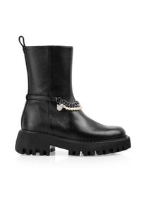 Stiefelette Marc Cain, Damen, Gr. 41, Leder, schwarz, Kalbsleder, Schuhe Stiefelette, Blockabsatz, Boots mit markanter Zierkette