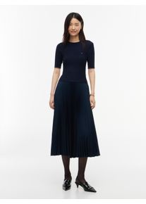 Midikleid Tommy Hilfiger "PREPPY MIX MEDIA MIDI DRESS", Damen, Gr. XS (34), N-Gr, blau (dunkelblau), Web, Obermaterial: 100% Polyester, unifarben, wadenlang, Rundhals, Kleider Midikleid, Kunstfaser, Zopfstrickmuster