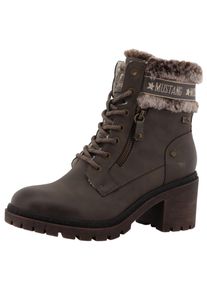 Winterstiefelette Mustang Shoes "Leila", Damen, Gr. 42, braun (lavabraun), Lederimitat, Textil, Schuhe Winterstiefelette, Winterstiefel mit Kunstfellkragen und Blockabsatz