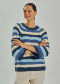 3/4 Arm-Pullover Freequent "Style Lulu", Damen, Gr. XS, bunt (navy blazer), Strick, Obermaterial: 70% Polyester, 21% Polyamid, 8% Wolle, 1% Elasthan, gestreift, bequem h&uuml;ftbedeckend, Rundhals, offene Kante, Pullover 3/4 Arm-Pullover, Strickpullover im Streifen-Look / Rundhals