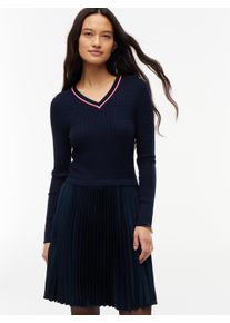 Strickkleid Tommy Hilfiger "PREPPY MIX MEDIA MINI DRESS", Damen, Gr. XS (34), N-Gr, blau (dunkelblau), Web, Obermaterial: 100% Polyester, unifarben mit Farbeinsatz, kurz, V-Ausschnitt, Kleider Strickkleid, Kunstfaser, Zopfstrickmuster