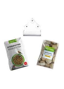 Sett fuglef&ocirc;r vindu starter - Premium str&oslash;f&ocirc;r 10 kg, f&ocirc;rehus for vindusglass 1 stk., meisboller uten nett 100 stk. &agrave; 90 g