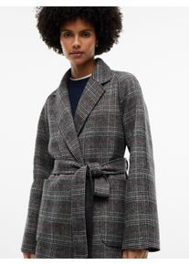 Langmantel Tommy Hilfiger "DF WOOL REG BELTED CHECKED COAT", Damen, Gr. 42, grau (rwb check), Web, Obermaterial: 70% Polyester, 30% Wolle, kariert, kniebedeckend, V-Ausschnitt, M&auml;ntel Langmantel, Materialmix, mit Wolle