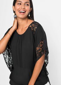 Langarmbluse bonprix, Damen, Gr. 52, schwarz, Obermaterial: 100% Polyester. Spitze: 100% Polyester, figurumspielend, Blusen Langarmbluse, figurumspielende Passform, aus Polyester, mit Applikationen, Topseller
