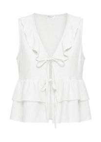 Blusentop SASSYCLASSY "&Auml;rmellose Volant Bluse mit Bindeb&auml;nder", Damen, Gr. M-38, wei&szlig;, Weitere Stoffart, Obermaterial: 85% Viskose CV. 15% Polyamid PA., H&uuml;ftlang, V-Ausschnitt, Blusen Blusentop, Luftige Viskose Bluse mit Bindeb&auml;ndern und V-Ausschnitt Wei&szlig;