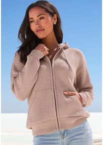Kapuzenstrickjacke ELBSAND, Damen, Gr. XL (48/50), beige (nougat), Strick, Obermaterial: 50% Viskose, 28% Polyester, 22% Polyamid, unifarben, figurumspielend h&uuml;ftlang, ohne Ausschnitt, Strickjacken Kapuzenstrickjacke