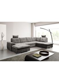 Wohnlandschaft WERK2 "Arena 339 x 220 cm modern und bequem", grau (anthrazit), B:339cm H:102cm T:220cm, 100% Polyester, Sofas, Wohnlandschaft, U-Form, XXL, Schlaffunktion, Bettkasten