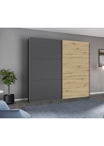 Schwebet&uuml;renschrank Rauch "AURELIO Kleiderschrank Garderobe", grau (graumetallic, eiche artisan), B:218cm H:210cm T:59cm, Holzwerkstoff, Schr&auml;nke, Schwebet&uuml;renschrank, 3 verschiedene Ausstattungsvarianten Griffe aus Metall MADE IN GERMANY
