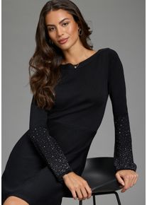 Strickkleid Laura Scott "mit U-Boot-Ausschnitt, aus Viskosemischung", Damen, Gr. 48, N-Gr, schwarz, Strick, Obermaterial: 70% Viskose, 30% Polyamid, unifarben, festlich, kurz, U-Boot-Ausschnitt, Kleider Strickkleid, mit Trompeten&auml;rmeln und dekorativen Glitzersteinen
