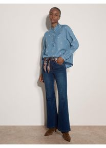 R&uuml;schenbluse Apricot "Denim-Bluse mit zierlicher Blumenstickerei", Damen, Gr. XL (42), blau, gewebt, Futter: 100% Lyocell CLY., uni, Modisch, 1-Knopf-Manschetten, Blusen R&uuml;schenbluse, mit R&uuml;schendetails