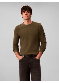 Langarmshirt Calvin Klein Jeans "WAFFLE BADGE CREWNECK TEE", Herren, Gr. XL, gr&uuml;n (olive night), Web, Obermaterial: 100% Baumwolle, unifarben, regular fit normal, Rundhals, eingesetzt gerader Abschluss, Shirts Langarmshirt, Regular fit, Badge, Rundhalsausschnitt