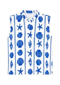 Blusentop SASSYCLASSY "&Auml;rmellose Bluse mit maritimem Print", Damen, Gr. S-36, blau, Weitere Stoffart, Obermaterial: 85% Viskose CV. 15% Polyamid PA., H&uuml;ftlang, V-Ausschnitt, Blusen Blusentop, Sommerliche Bluse mit Stehkragen und Knopfleiste im lockerem Schnitt