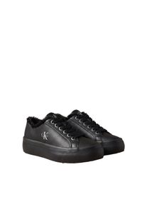 Plateausneaker Calvin Klein "VULC FLATF LACEUP LTH FUR", Damen, Gr. 37, schwarz, Leder, Lederimitat, unifarben, Basic, Schuhe Plateausneaker, Halbschuh, Schn&uuml;rschuh, Casual-Sneaker mit seitlichem CK-Logo