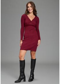 Strickkleid Bruno Banani, Damen, Gr. 38, N-Gr, rot (bordeaux), Strick, Obermaterial: 70% Viskose, 30% Polyamid, unifarben, sehr figurbetont mini, V-Ausschnitt, Kleider Strickkleid, auch in gro&szlig;en Gr&ouml;&szlig;en, figurbetonte Passform, mit Langarm