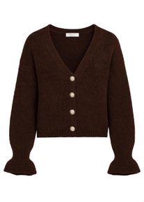 Cardigan SASSYCLASSY "Cardigan mit Volants", Damen, Gr. LXL-40, braun, Weitere Stoffart, Obermaterial: 70% Polyacryl PAN. 30% Polyamid PA., h&uuml;ftbedeckend, V-Ausschnitt, Strickjacken Cardigan, Weiche Strickjacke mit Knopfleiste und ballonartiger Silhouette