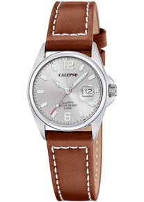 Quarzuhr Calypso Watches "Basic", braun (cognacfarben), Armbanduhren, Damen, silberfarben, Quarzuhr, Armbanduhr, Damenuhr, Lederarmband, analog, Tag
