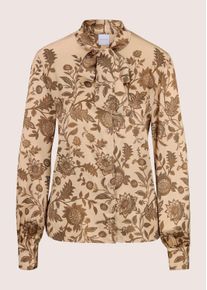 Madeleine Mode Langarmbluse MADELEINE "Bluse Schluppenbluse mit Bl&uuml;tenprint", Damen, Gr. 48, beige (beige, melange, dunkeltaupe), Modern, regular fit, hoch geschlossener Ausschnitt, Blusen Langarmbluse
