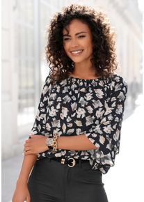 Carmenbluse Lascana "mit Alloverdruck aus gewebter Viskose", Damen, Gr. 46, schwarz (schwarz, bedruckt), Web, Obermaterial: 100% Viskose, bedruckt, figurumspielend h&uuml;ftlang, Carmenausschnitt, Volant, Blusen Carmenbluse, schulterfreie Damenbluse, Volantbluse, Blusenshirt mit 3/4-&Auml;rmeln
